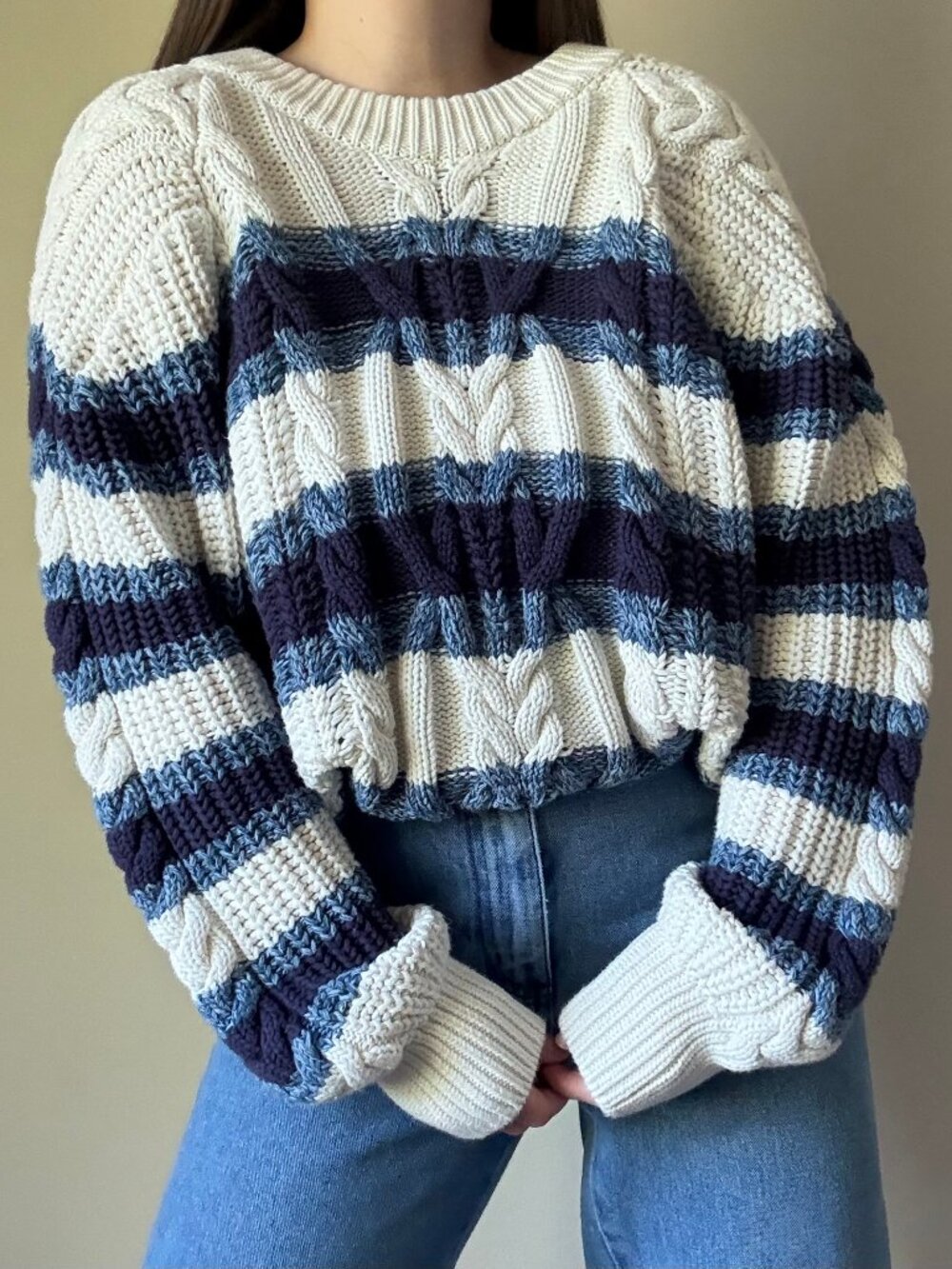 Free People Frankie Cable Striped Pullover Sweater